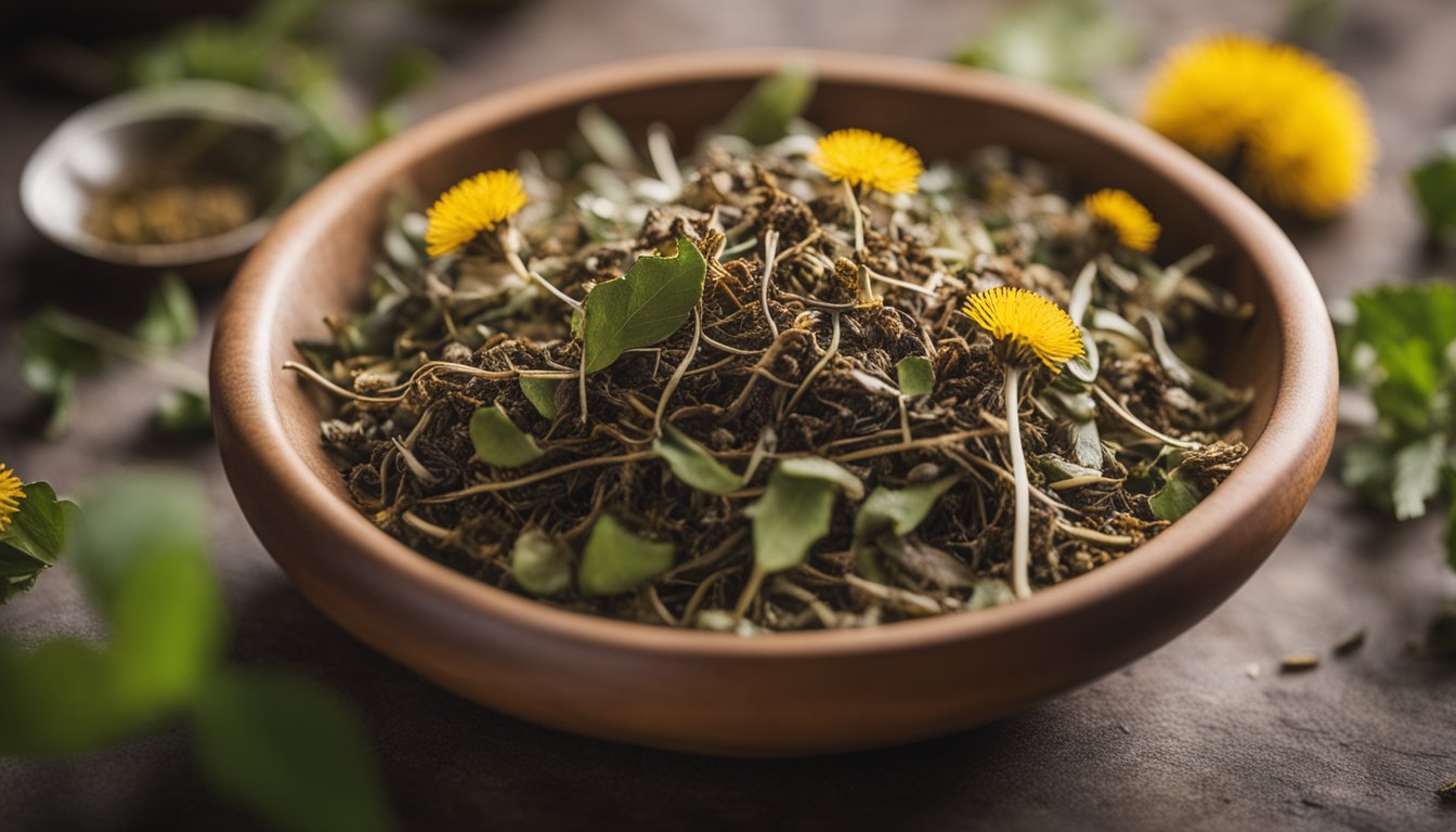 Dried dandelion leaves and roots in a ceramic bowl for tea blend