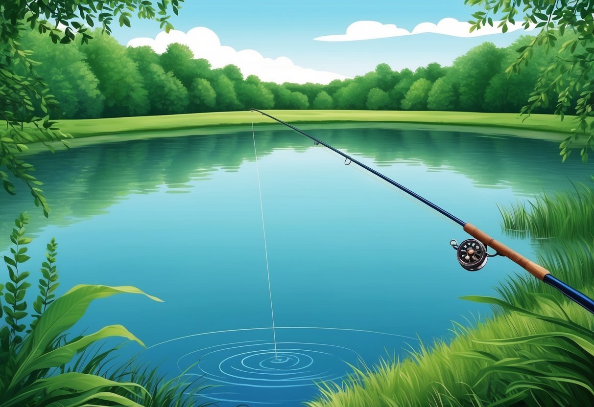 A serene lake surrounded by lush greenery, with a lone fishing rod casting its line into the water, capturing the essence of freshwater fishing