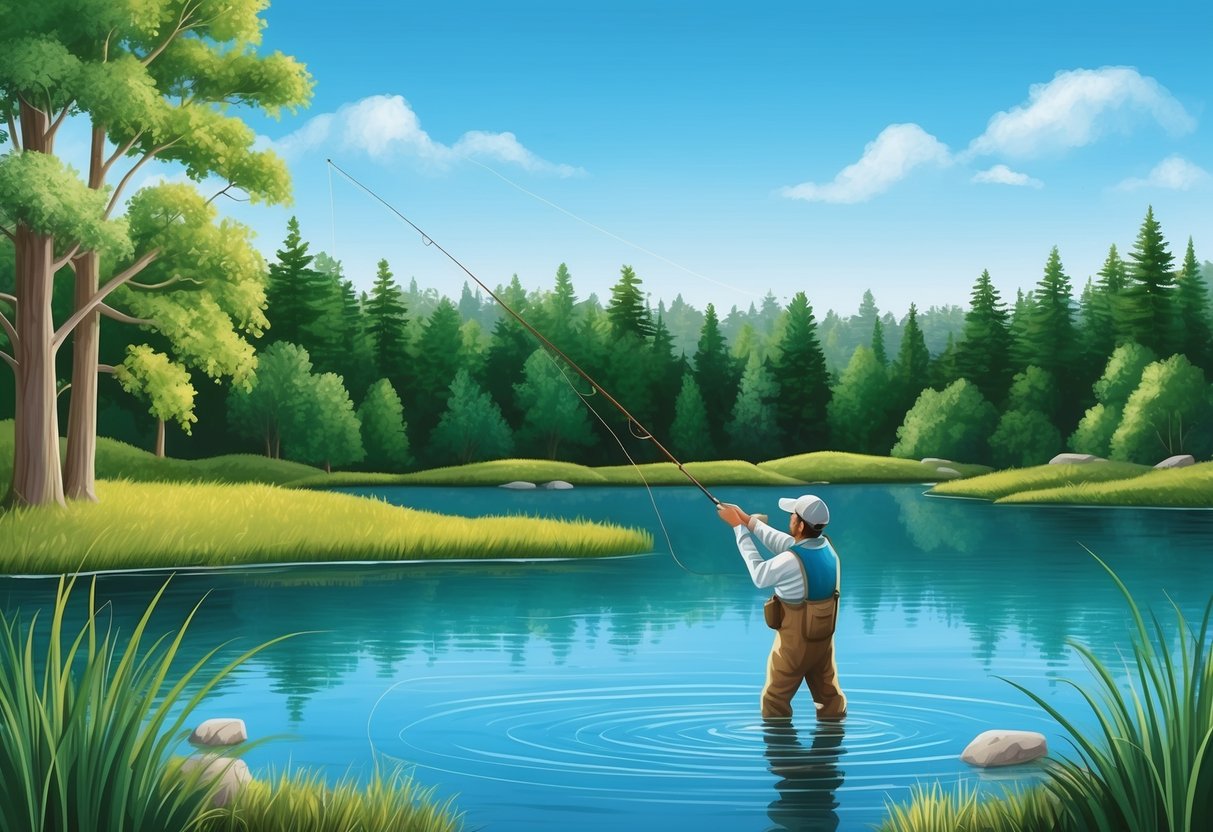 A fisherman casting a line into a serene freshwater lake, surrounded by lush green trees and a clear blue sky