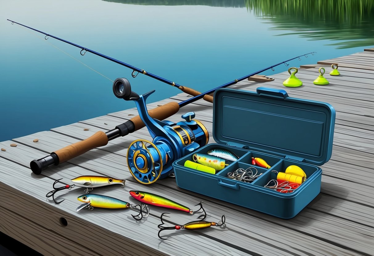 A fishing rod and reel, various types of lures, and a tackle box filled with different weights and hooks laid out on a wooden dock next to a calm lake