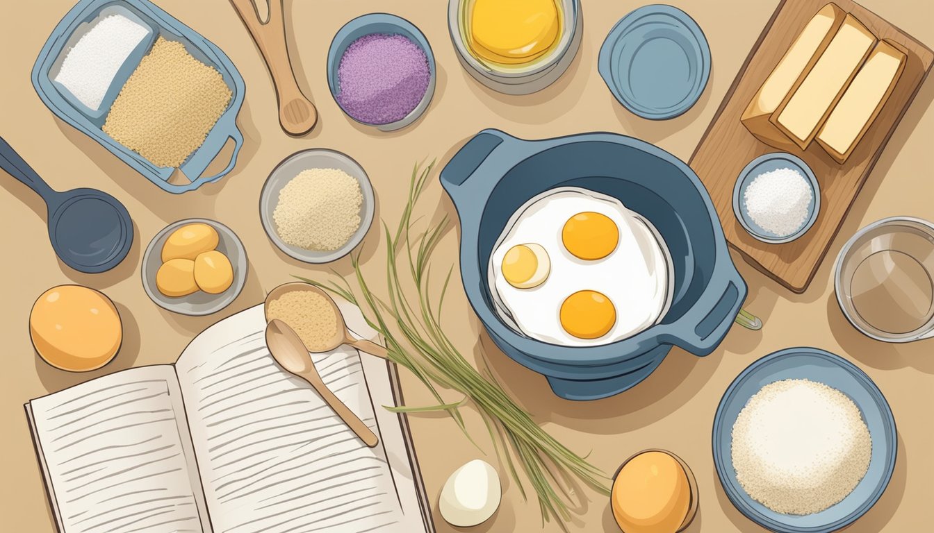 A mixing bowl surrounded by various baking ingredients and utensils, with a recipe book open to a page about egg substitutes