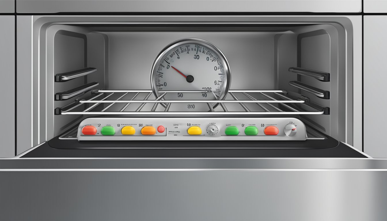 An oven thermometer placed inside the oven, showing a temperature variance from the oven's control panel