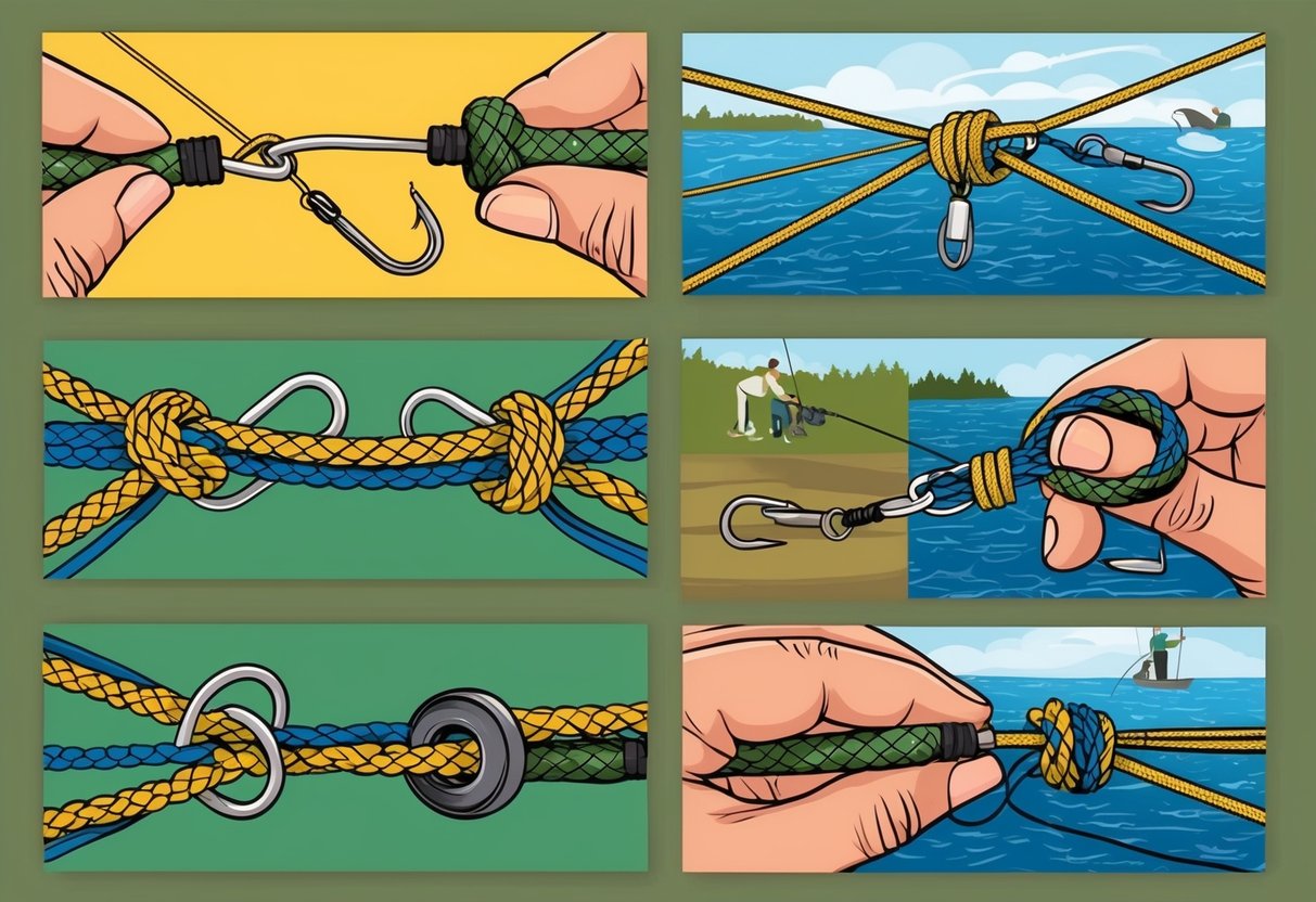 A fishing line being tied into various knots around hooks, swivels, and weights, with different scenarios in the background