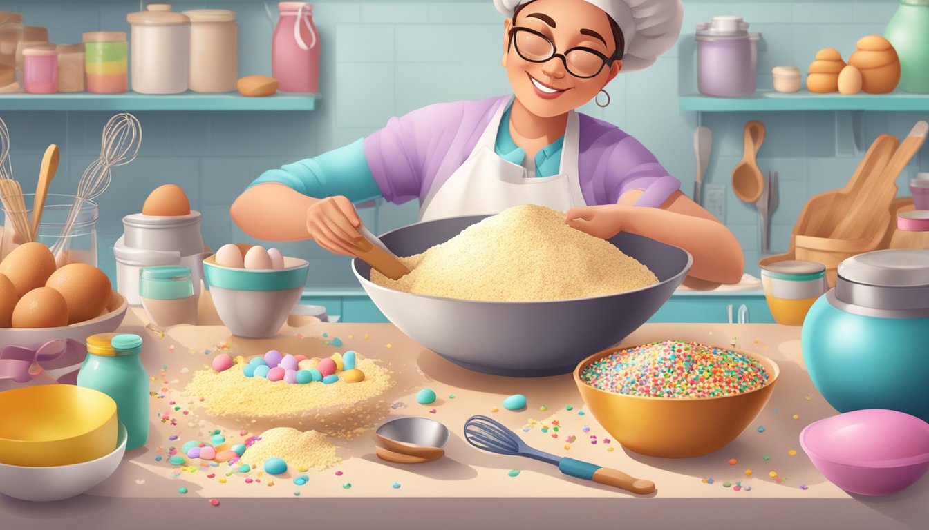 A baker carefully measures out ingredients for eggless baked goods, mixing batter in a large bowl surrounded by colorful sprinkles and decorative baking tools