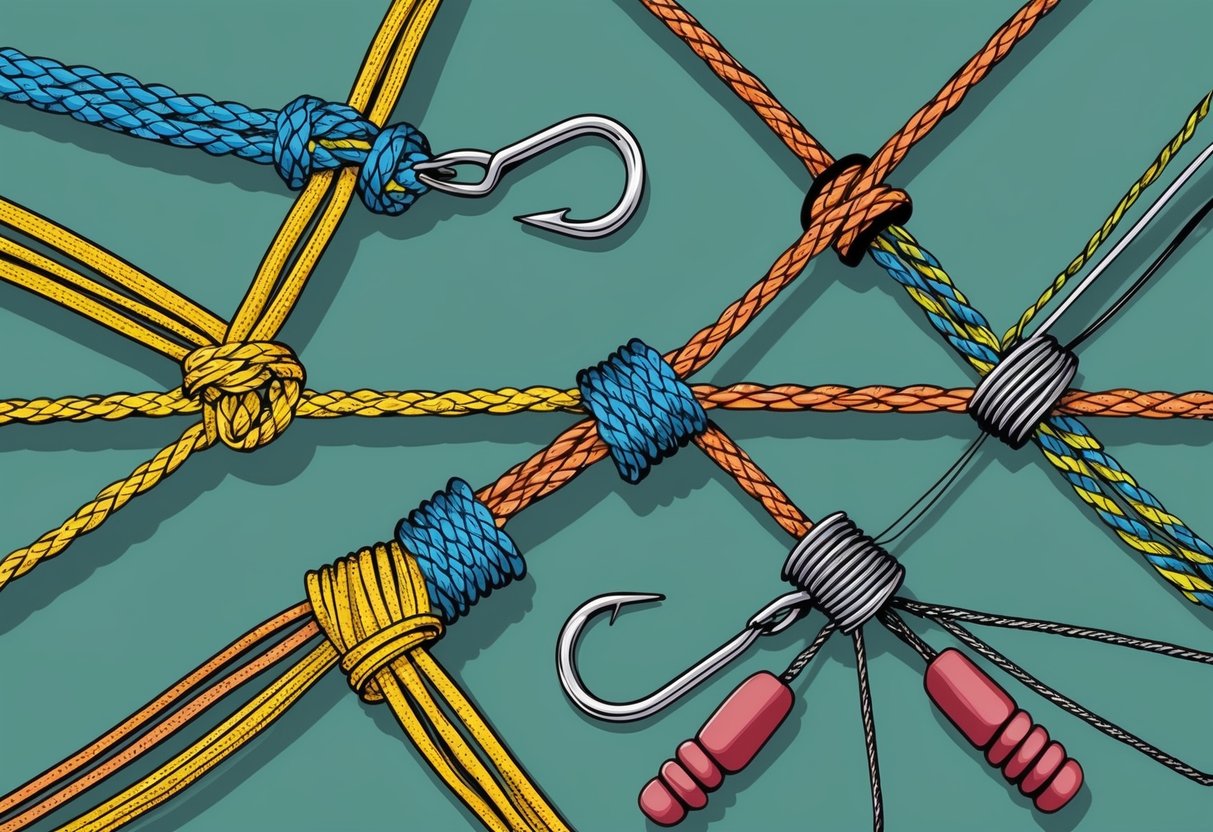 A close-up illustration of various types of fishing line being tied with different knots to secure hooks, swivels, and weights