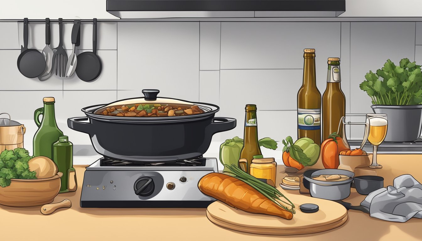 A pot of stew simmering on a stovetop, with a bottle of beer nearby and various cooking utensils scattered around