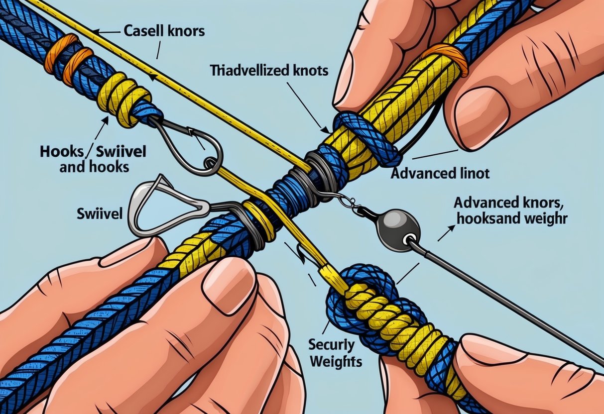A close-up view of a fishing line being expertly tied into various advanced knots to secure hooks, swivels, and weights