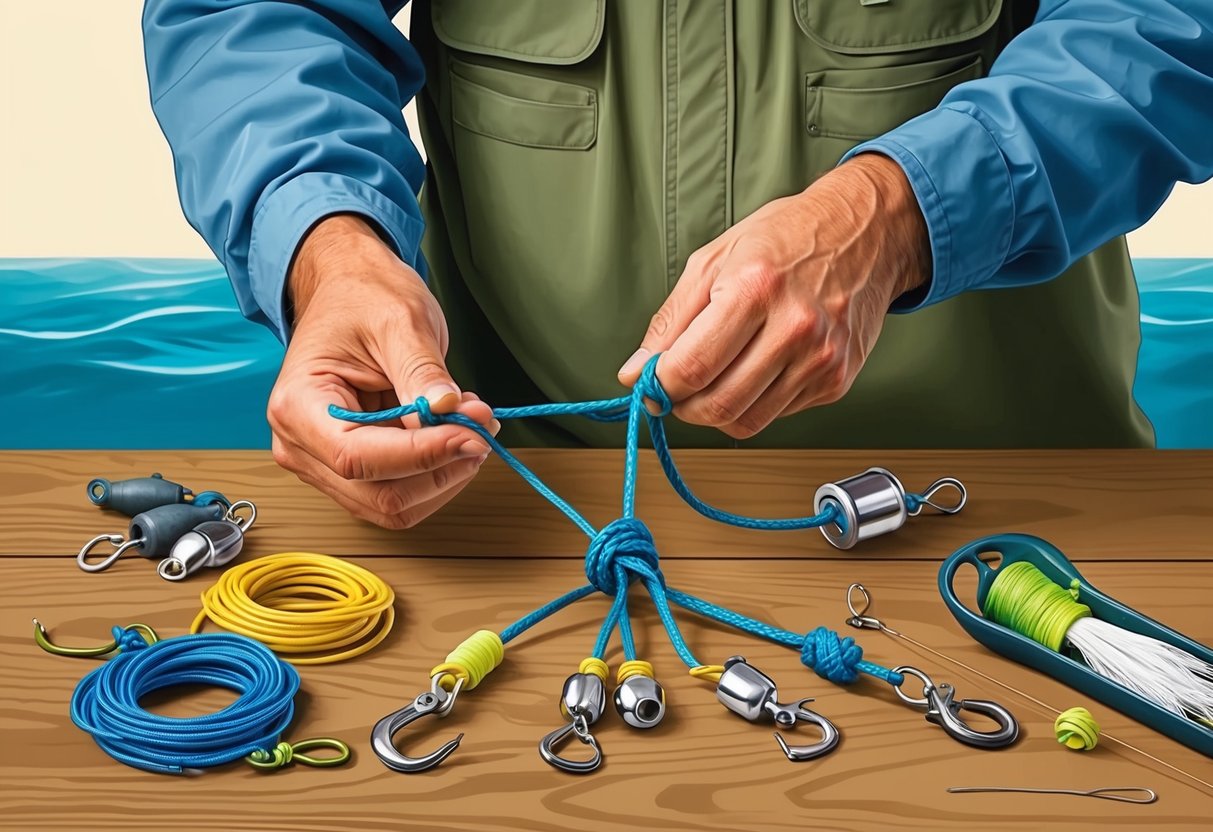 A fisherman tying intricate knots on a fishing line, with various hooks, swivels, and weights laid out on a table