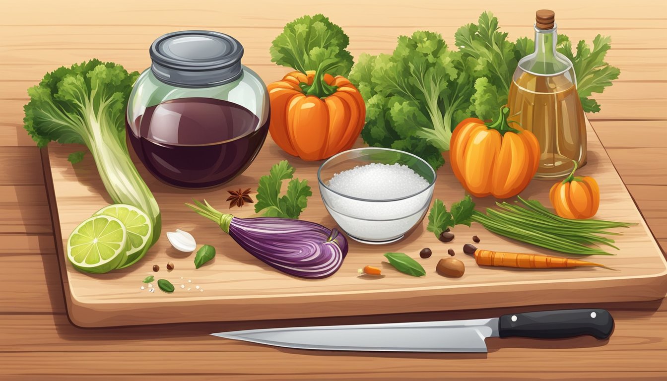 A cutting board with assorted vegetables, a knife, a bowl of vinegar, salt, and spices, and a glass jar with a lid