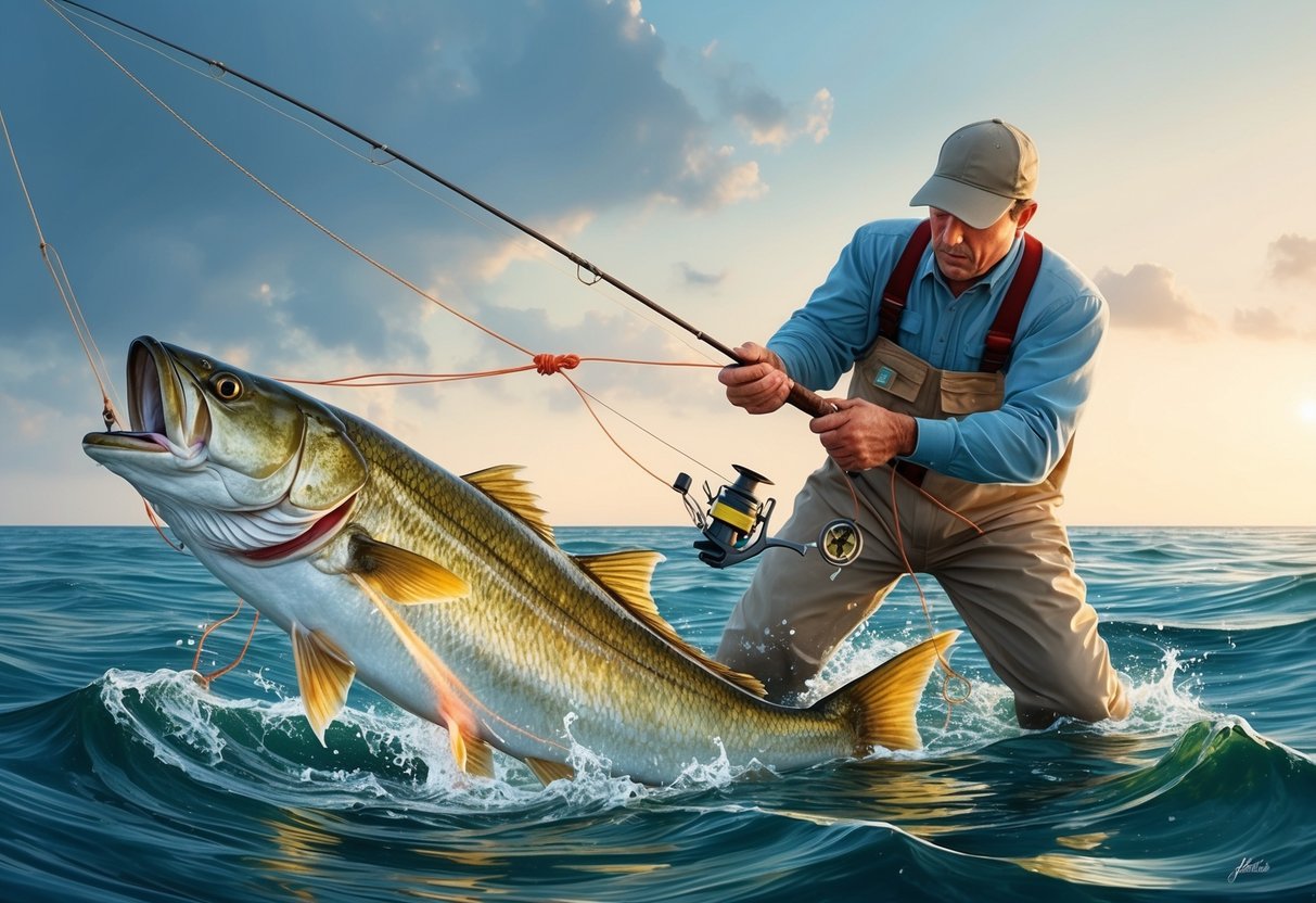 A fisherman struggles with tangled fishing line, a poorly tied knot coming undone as a big catch slips away