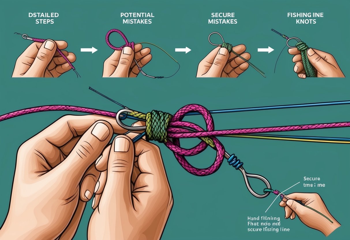 A fishing line being expertly tied into a secure knot, with detailed steps and potential mistakes shown nearby
