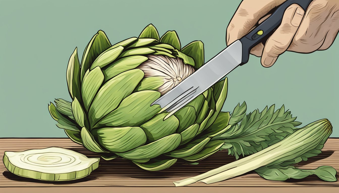 An artichoke being trimmed and prepared for cooking