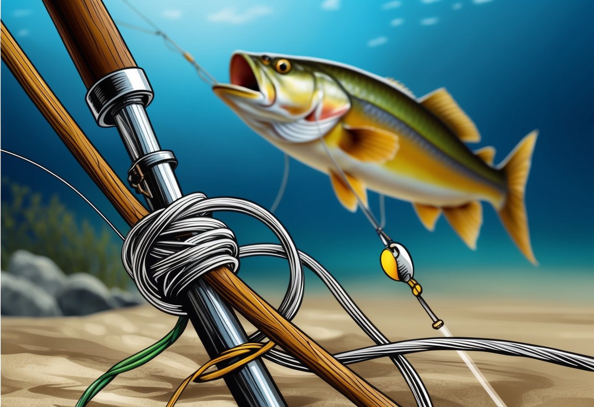 A fishing line tangled in a knot, with a large fish swimming away in the background