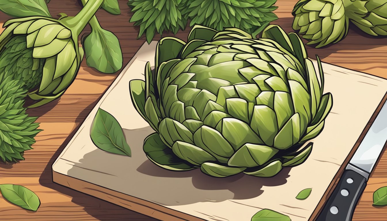 An artichoke being trimmed and prepared for cooking on a wooden cutting board with a sharp knife and a bowl for discarding the leaves