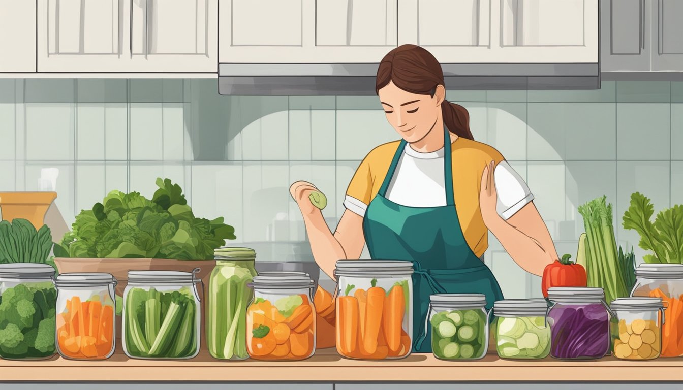 A person wearing gloves and an apron prepares a variety of fresh vegetables and jars for pickling on a clean, organized kitchen counter