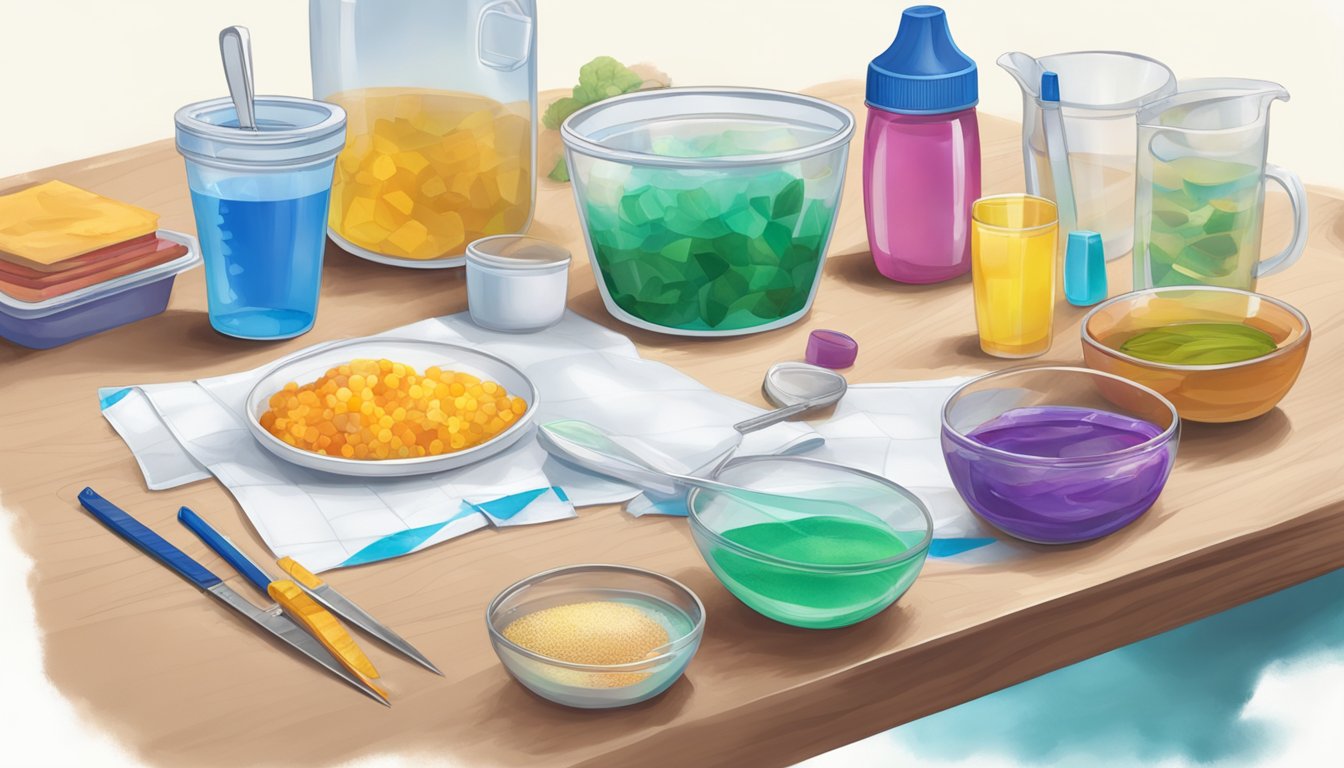 A table with various materials such as ziplock bags, water, rubbing alcohol, and food coloring. A pair of scissors and a measuring cup are also present