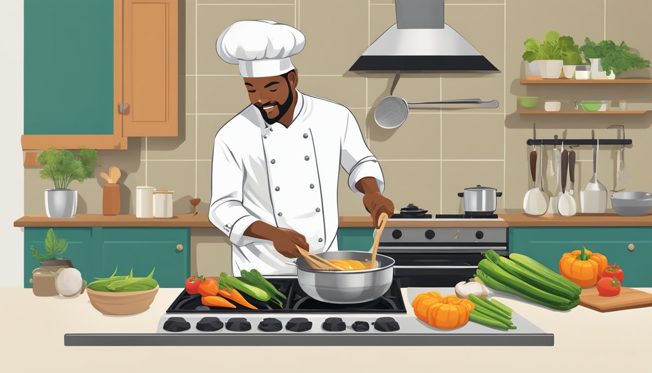 A chef stirring coconut oil into a sizzling pan of vegetables on a stovetop