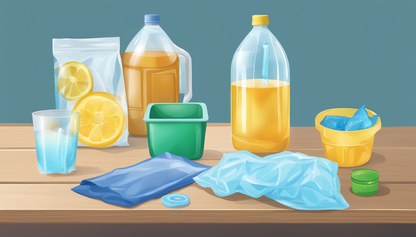 A table with various household items: a plastic bag, water, and rubbing alcohol. A person pouring the mixture into the bag and sealing it