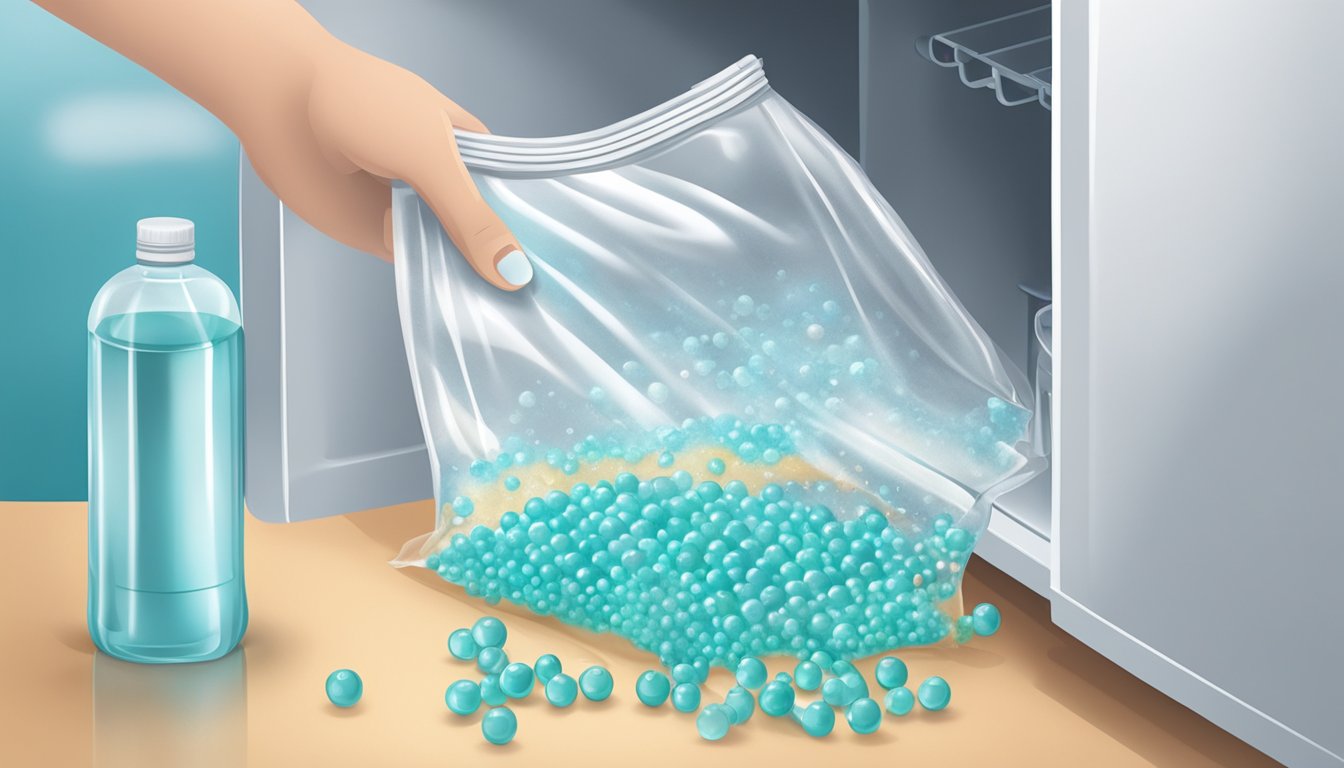 A person pouring water into a plastic bag filled with gel beads, then sealing the bag and placing it in the freezer