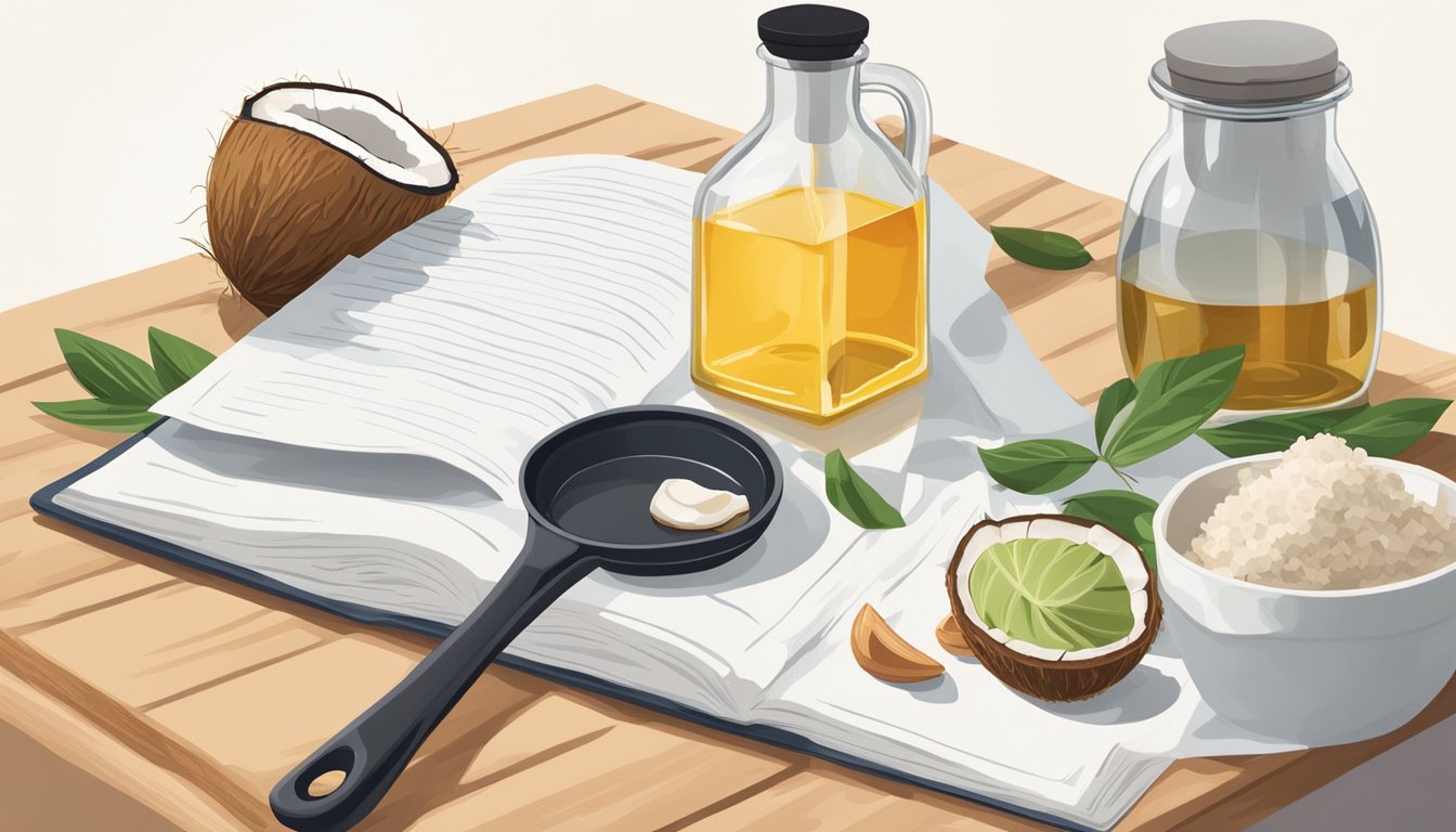 A kitchen counter with ingredients, a skillet, and a bottle of coconut oil. A recipe book open to a page on cooking with coconut oil