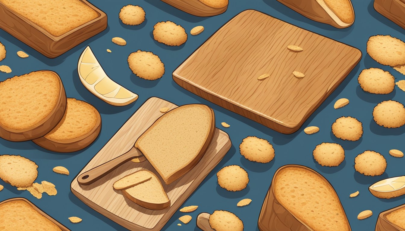 A cutting board with slices of dried bread being crushed into crumbs with a rolling pin