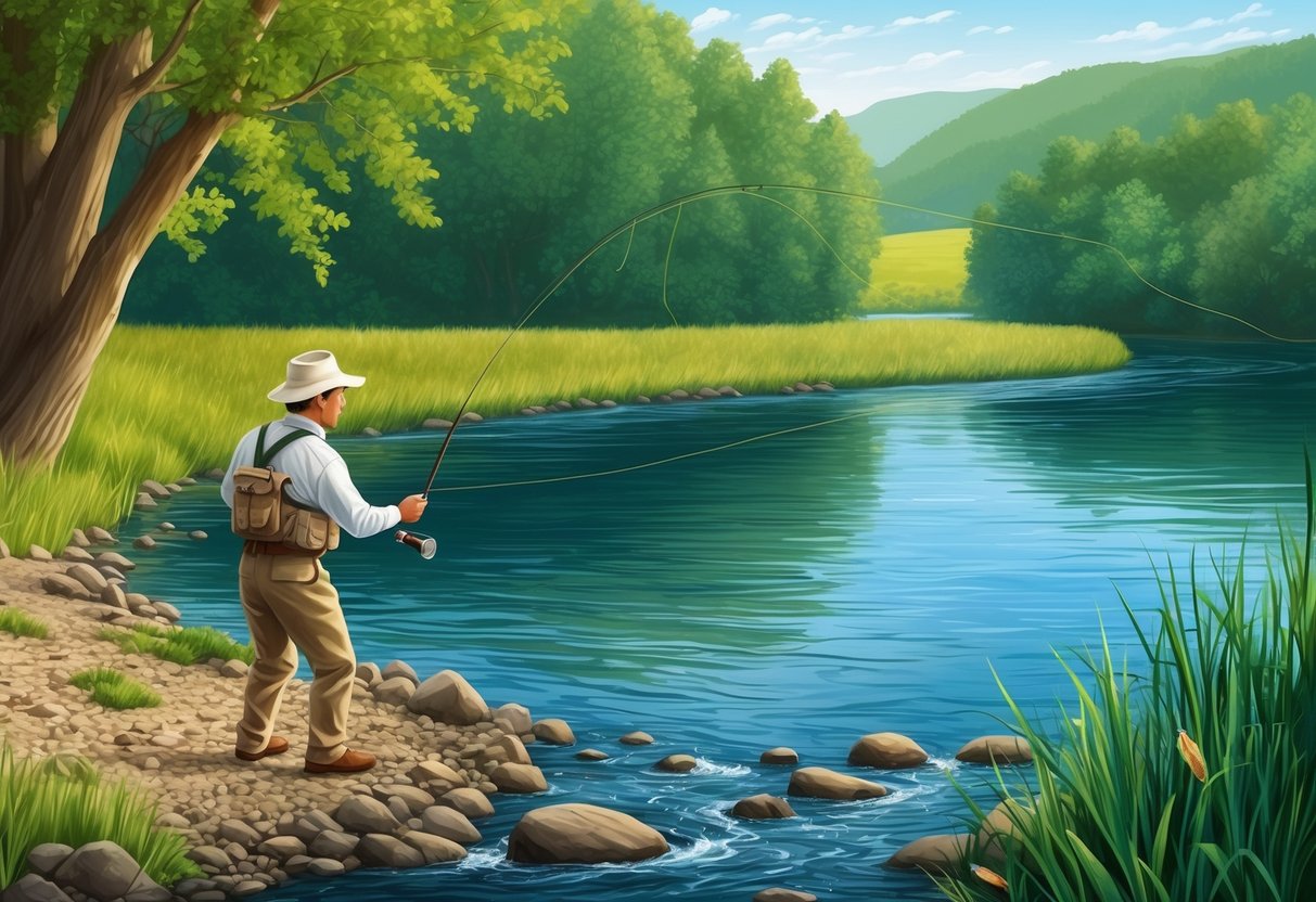 A serene riverbank with a fly fisherman casting their line, surrounded by lush greenery and the sound of flowing water