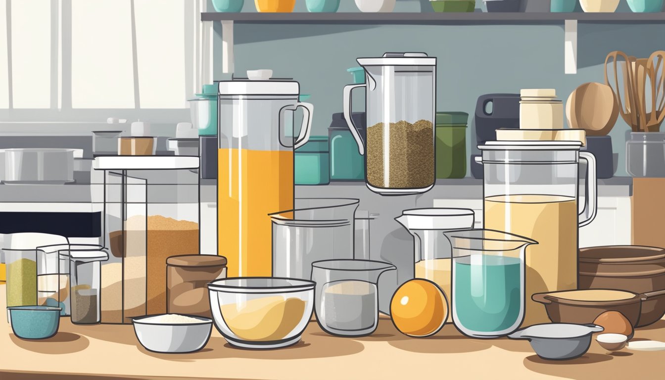 A kitchen counter with various alternative flours, mixing bowls, and measuring cups laid out in preparation for baking