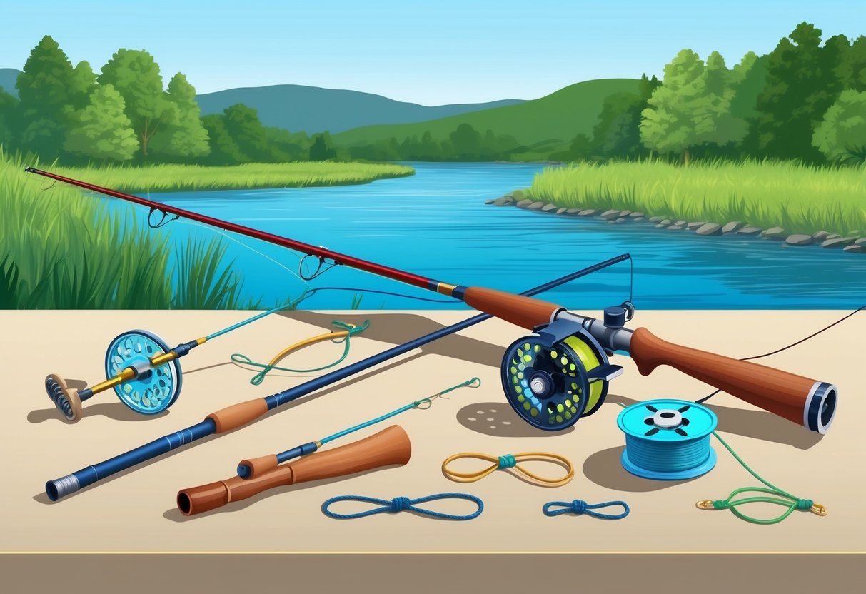 A serene riverbank with a fly fishing rod, reel, and various types of fishing knots laid out on a clean, organized surface