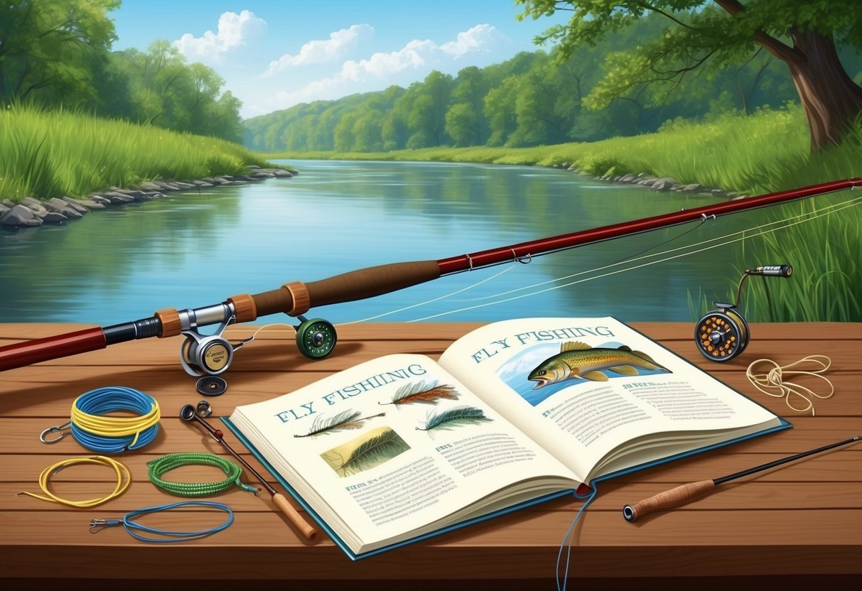 A serene riverbank with a fishing rod, various knots, and a book on fly fishing techniques open on a wooden table