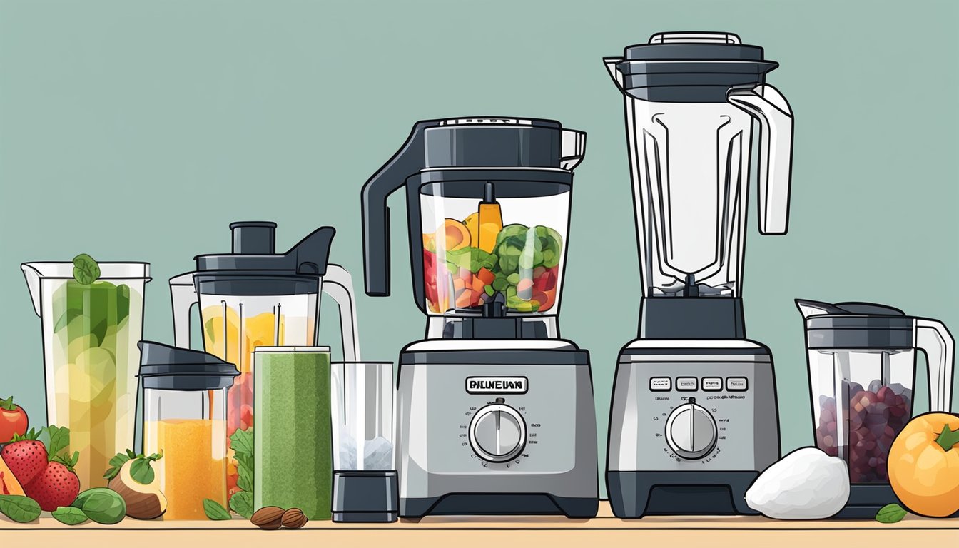 A kitchen counter with various fruits, vegetables, ice, and nuts laid out next to different types of blenders, each labeled for specific uses