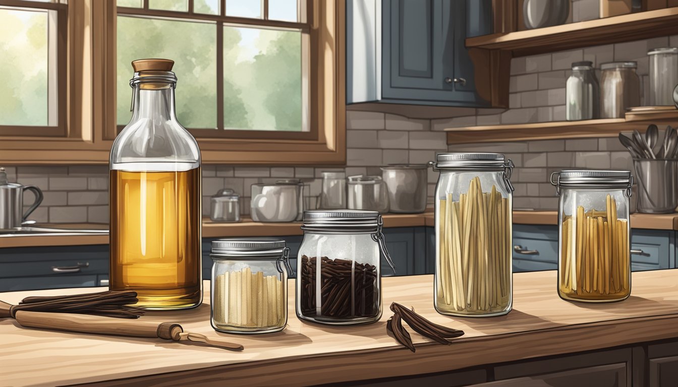 A kitchen counter with vanilla beans, vodka, and glass jars for homemade vanilla extract