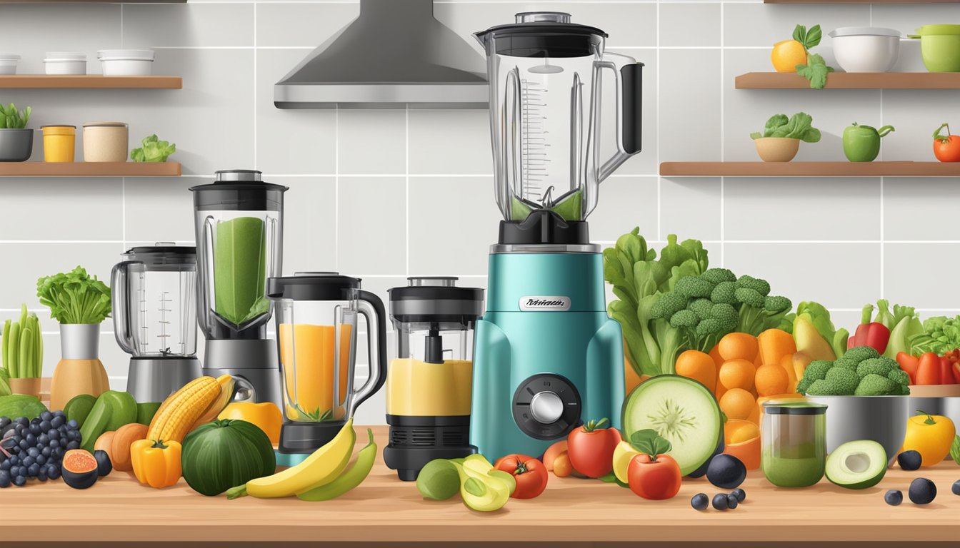 A variety of blenders on a kitchen countertop, with various fruits and vegetables nearby for blending