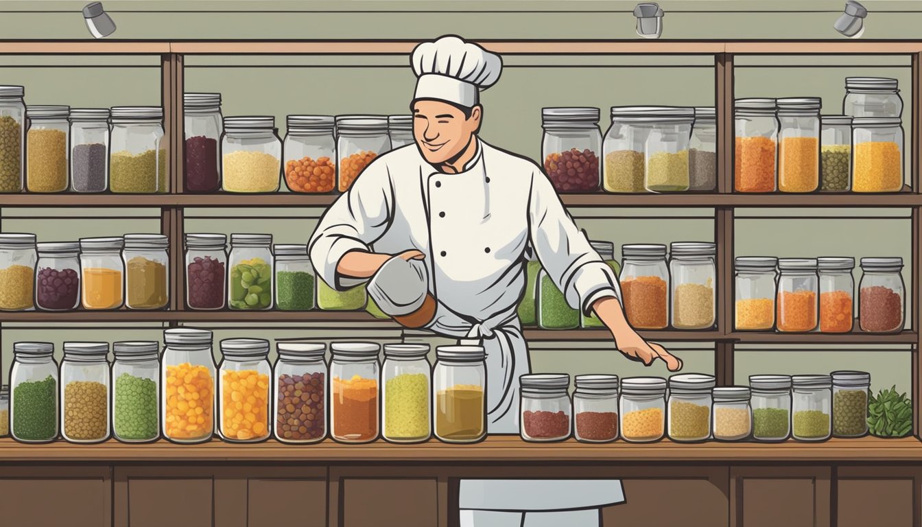 A chef pours homemade stock into glass jars, sealing them with lids. Shelves are lined with neatly labeled jars of stock