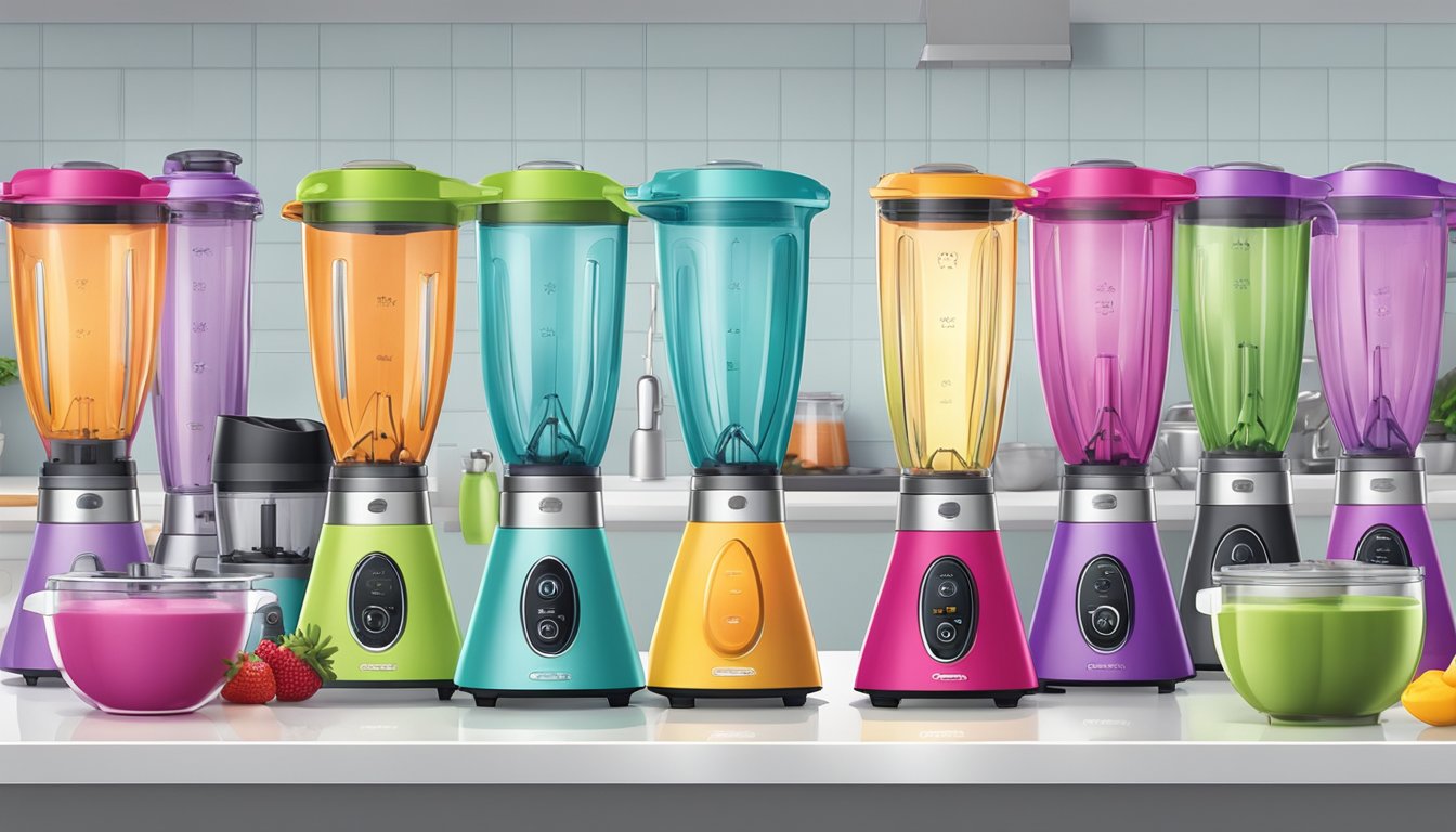 A colorful array of blenders with various attachments and features displayed on a kitchen counter