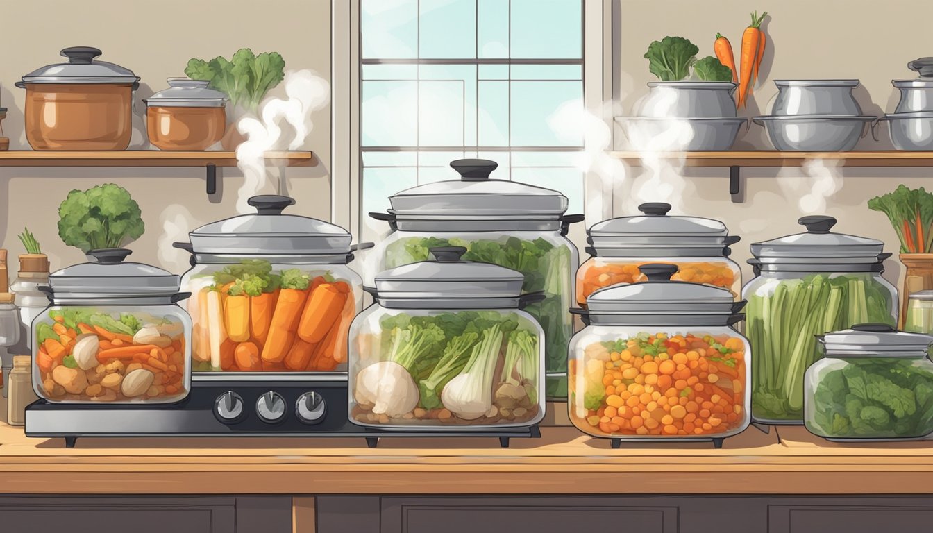 A pot simmering on a stove, filled with vegetables and bones. Steam rising as the stock cooks. Jars lined up on a shelf, filled with homemade stock