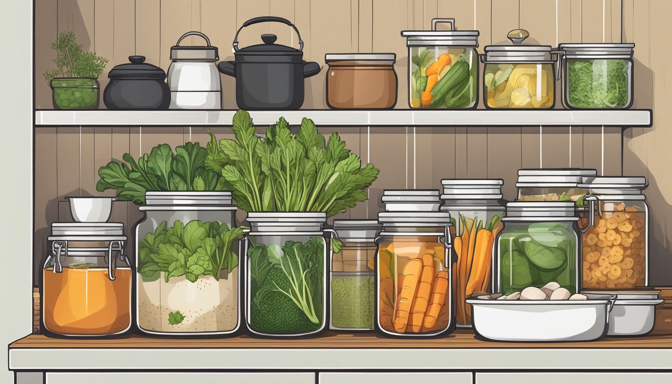 A kitchen counter with various pots, vegetables, and herbs, simmering on a stovetop. Jars and containers line the shelves for storing the homemade stock