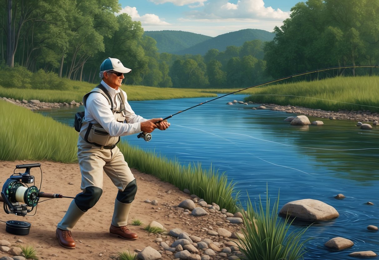 A fisherman demonstrates overhead, sidearm, and roll casting techniques by a tranquil river