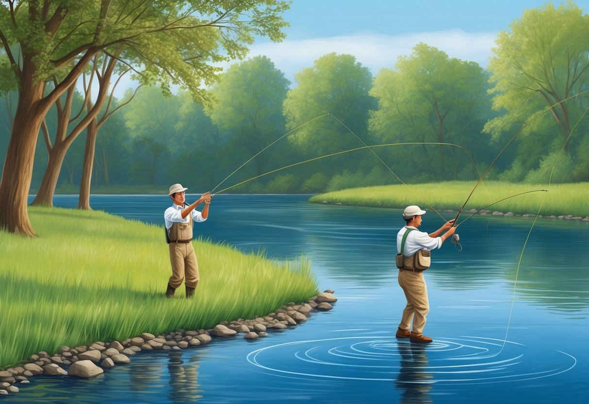 A serene riverbank with a fly fisherman demonstrating overhead, sidearm, and roll casting techniques, surrounded by trees and calm water
