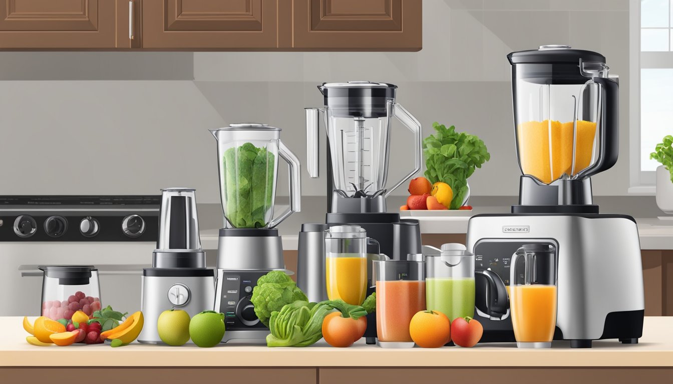 A variety of blenders displayed on a kitchen counter, with fruits and vegetables nearby to showcase their versatility and value for money