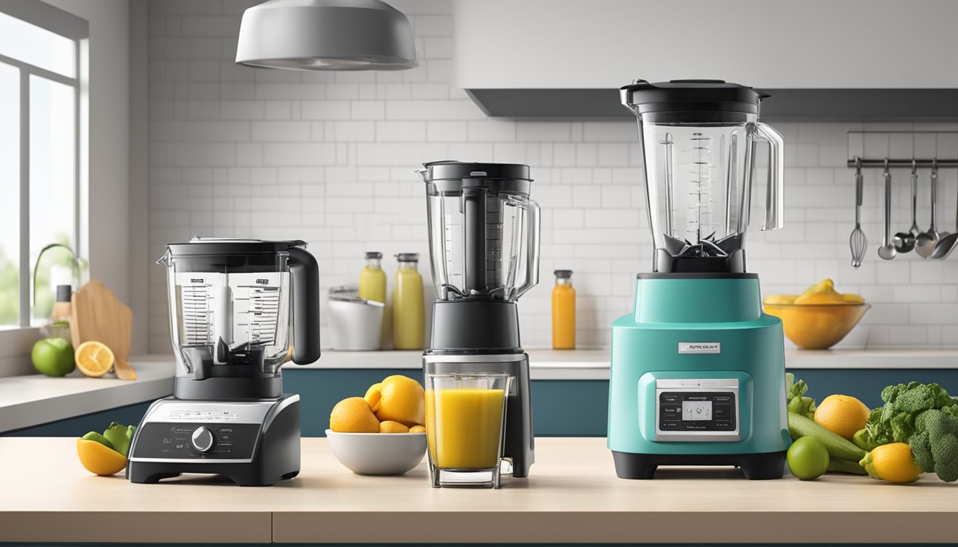 A modern kitchen with various blenders on a countertop, each labeled with different brand names and warranty information