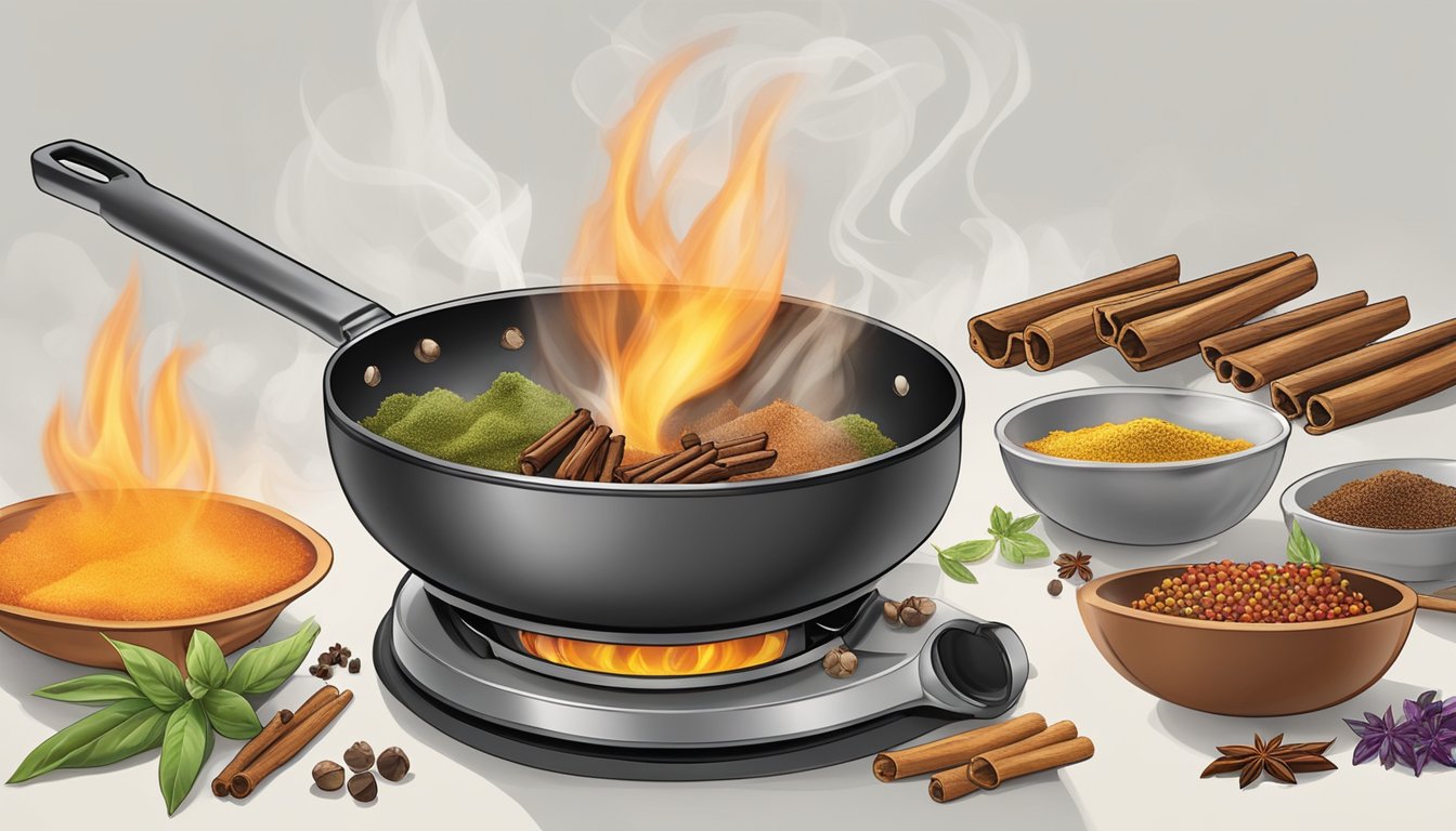 A variety of spices being toasted in a skillet over a controlled flame, emitting aromatic smoke as they release their flavors