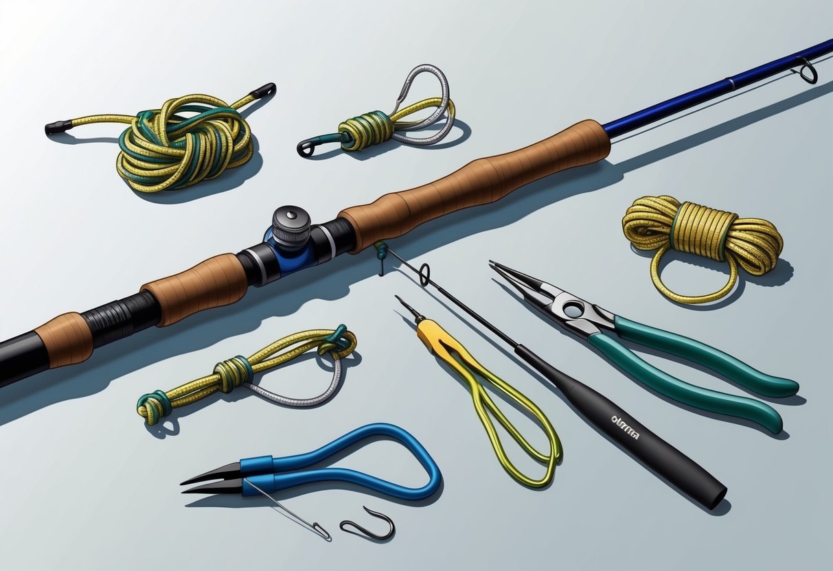 A fishing rod with various types of fishing knots tied to it, along with a pair of pliers and a hook remover, all laid out on a clean, flat surface