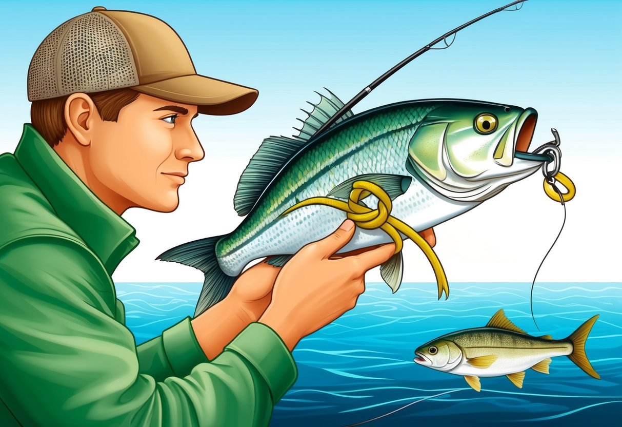A fisherman carefully removes a knot from a fish's mouth, using forceps to minimize harm. The fish swims away unharmed