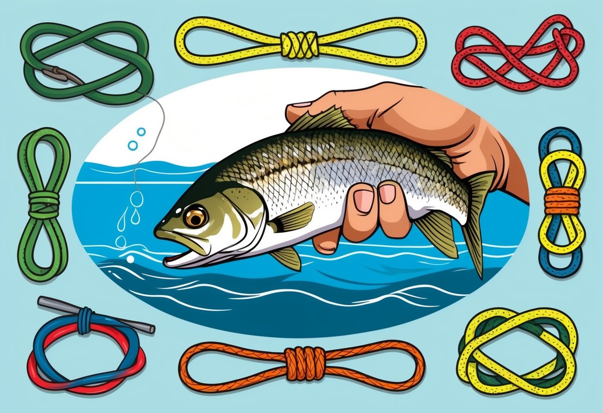 A fish being gently released back into the water, surrounded by illustrations of different types of knots used in catch-and-release fishing
