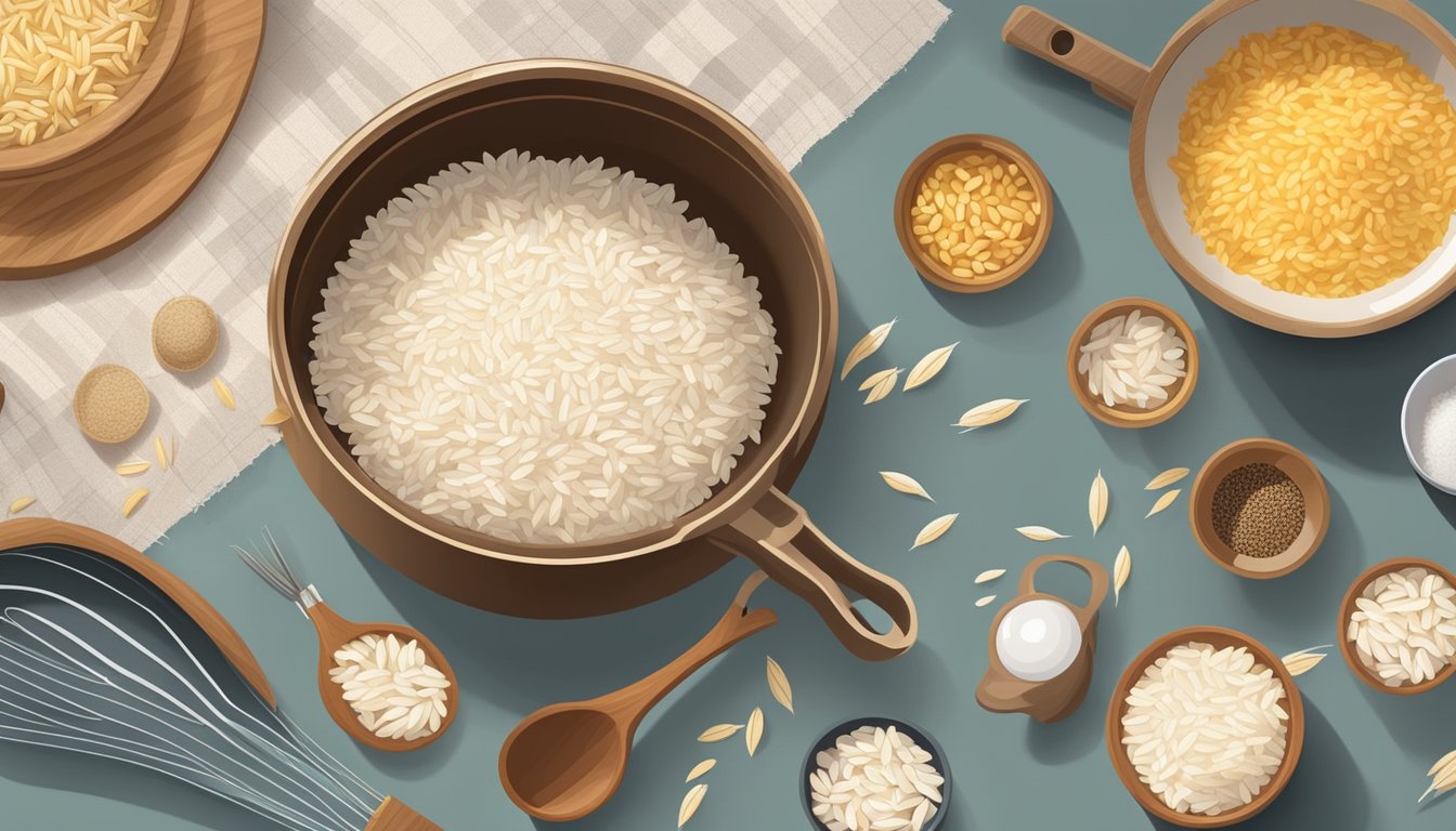 A variety of rice grains arranged neatly with a pot and measuring cup, surrounded by ingredients and cooking utensils on a clean kitchen counter