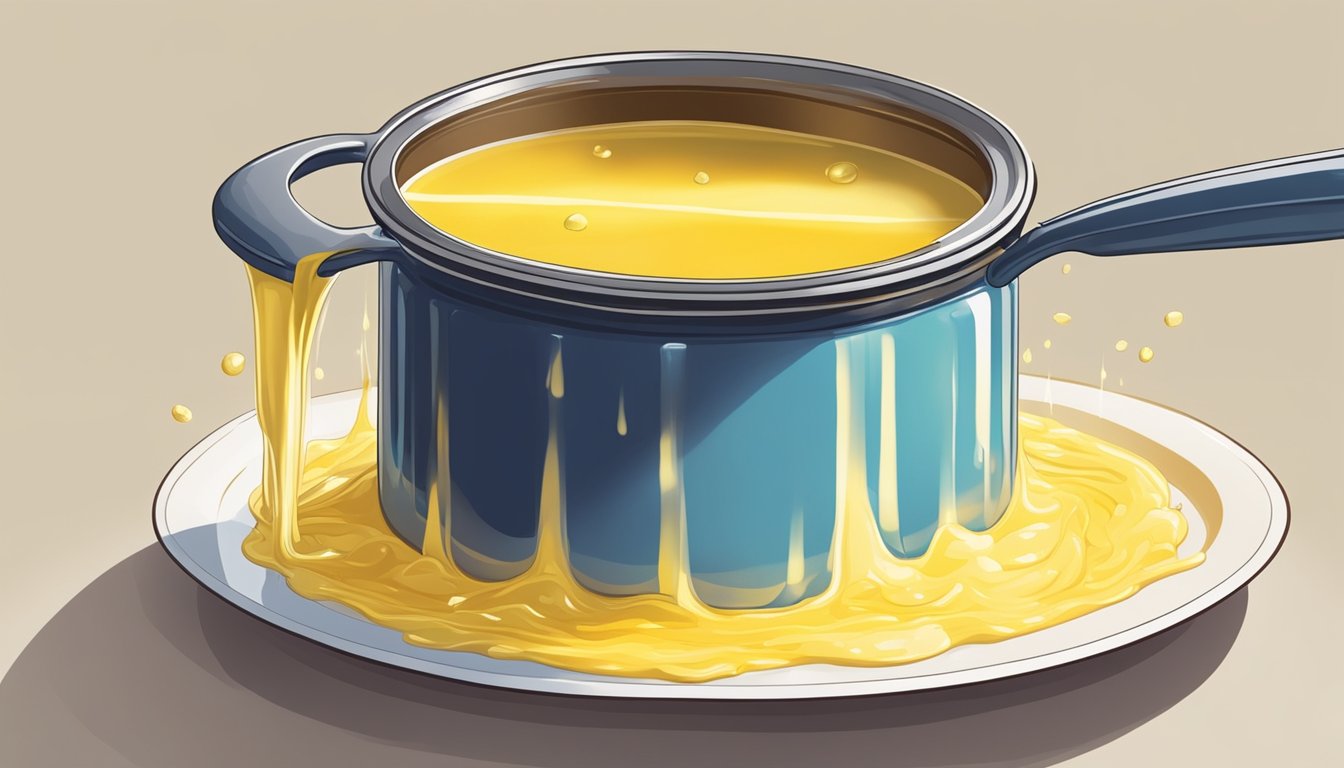 A pot simmering with melted butter, as foam rises to the surface and is skimmed off, leaving behind clear, golden clarified butter