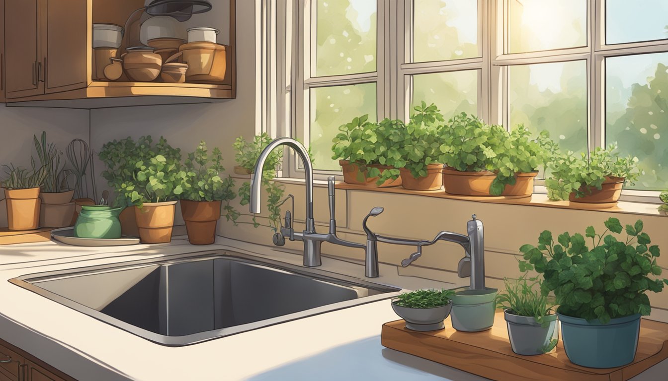 A cozy kitchen with pots of fresh herbs on the windowsill, sunlight streaming in, and a pair of gardening gloves on the counter