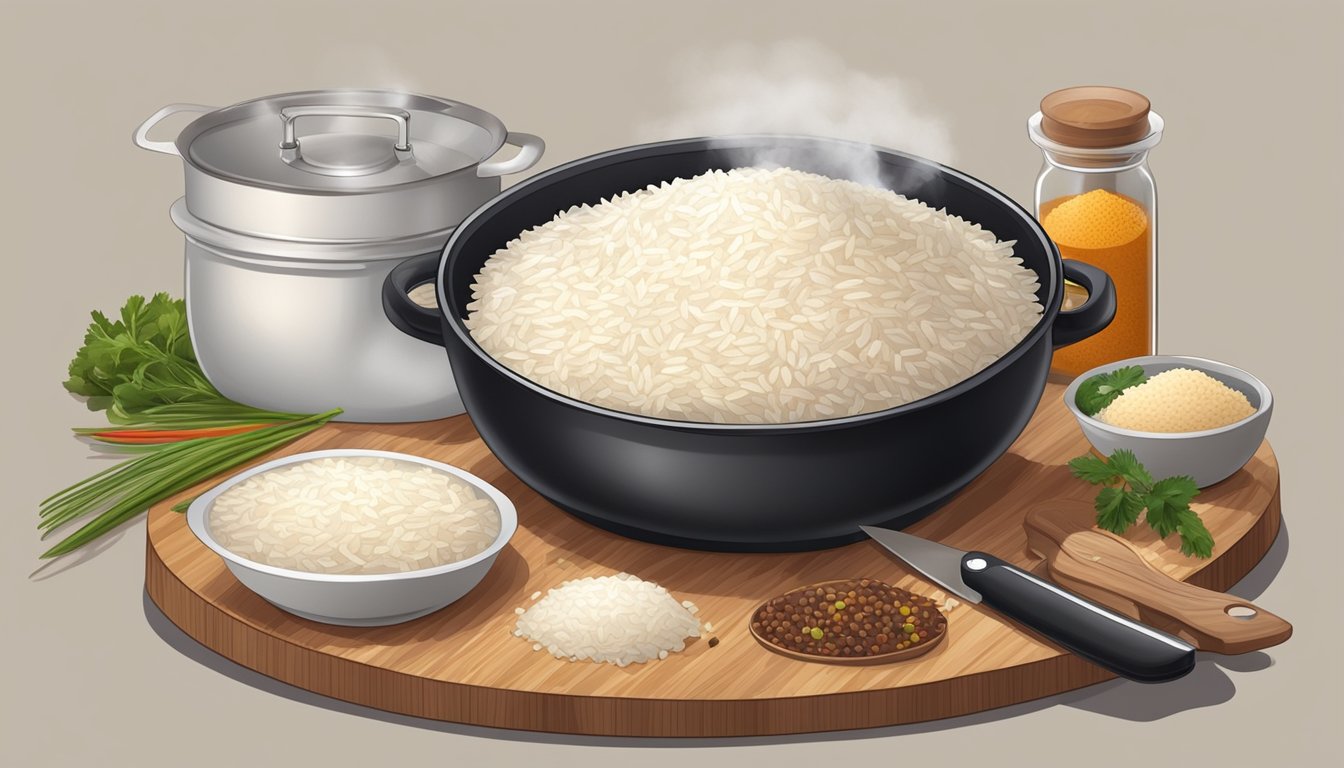 A steaming pot of perfectly cooked rice surrounded by various ingredients and spices, with a chef's knife and cutting board nearby