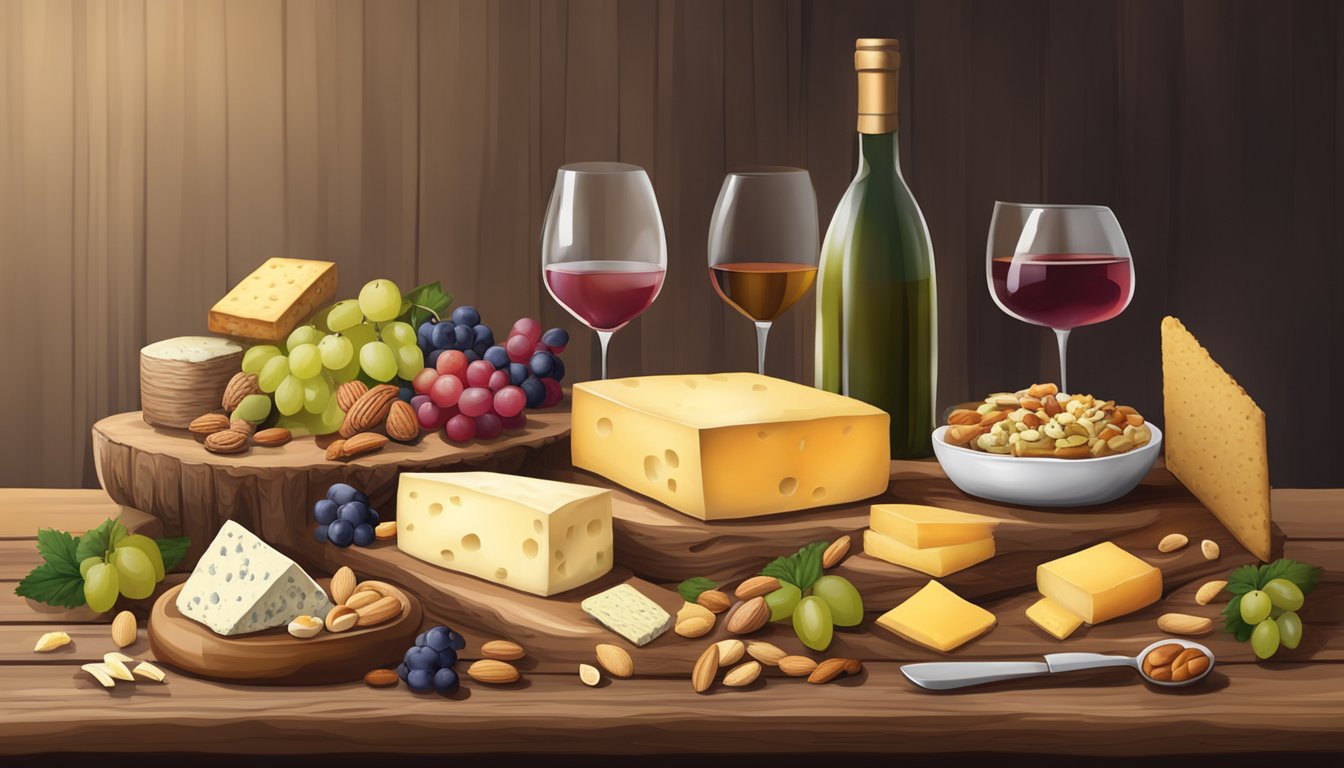 A rustic wooden table adorned with a variety of cheeses, crackers, fruits, and nuts, accompanied by a selection of wine and cocktails