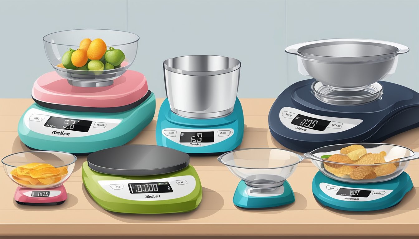 A variety of kitchen scales displayed on a clean, well-lit countertop, with different sizes, styles, and features